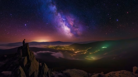 Milky Way over the mountains and a man on top of the mountainの素材