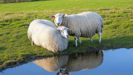 Sheep in a meadow with reflection in a puddle.の素材
