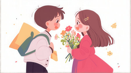 Boy giving a bouquet of flowers to his girlfriend. Vector illustration.の素材