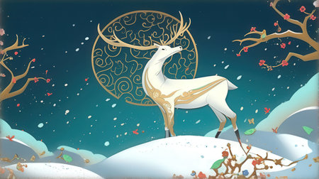 Christmas background with reindeer and falling snow. Vector illustration.の素材