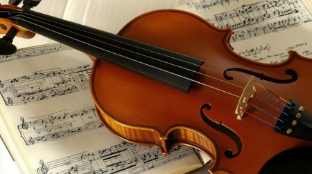 Violin and sheet music on wooden background, close up view.の素材