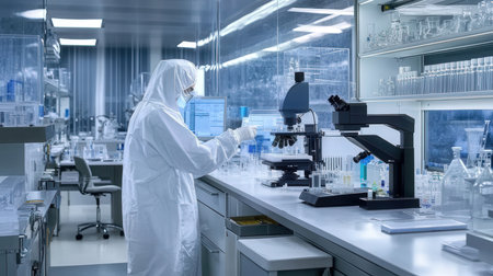 Scientist in hazmat suit working with microscope in laboratory. Science and technology conceptの素材
