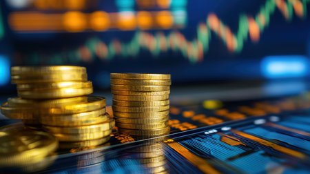 Stack of gold coins and computer keyboard with stock market chart background.の素材