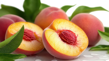 Ripe peaches with green leaves on a white background close-upの素材
