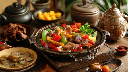 Delicious beef stir fry with vegetables on wooden table, closeupの素材