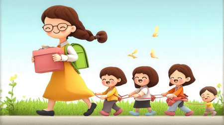 Mother walking with her children in the park. Vector cartoon illustration.の素材