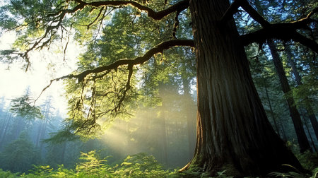 Beautiful redwood forest in a foggy morning. Nature backgroundの素材