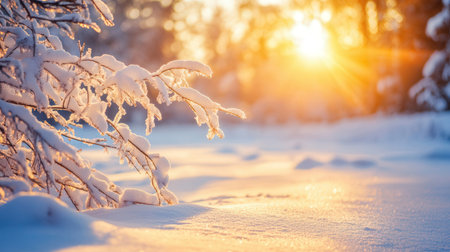 Winter landscape with snow covered tree branches and sun shining through the branchesの素材