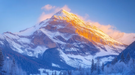 Mountain landscape panorama with snow and blue sky at sunset.の素材