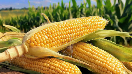 Ripe corn on the cob on a background of green wheat fieldの素材