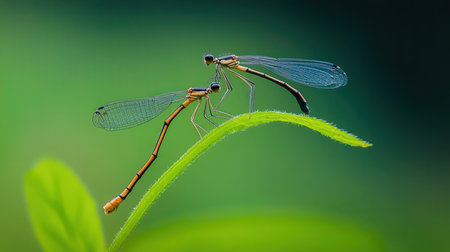 Close up of two damselflies mating on green leaf in natureの素材