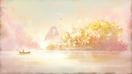 Watercolor painting of a boat on a lake with colorful flowers.の素材