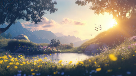 Beautiful summer landscape with lake and mountains in the background. Sunsetの素材