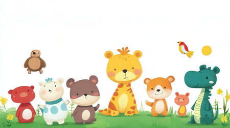 cute cartoon animals on the meadow with space for your textの素材