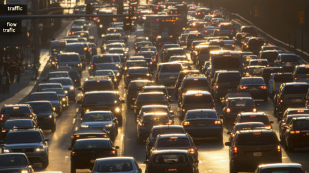 Traffic jam on a highway in the evening. Shallow depth of field.の素材