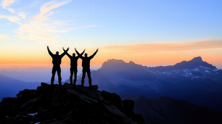 Silhouette of a group of people on top of a mountain.の素材