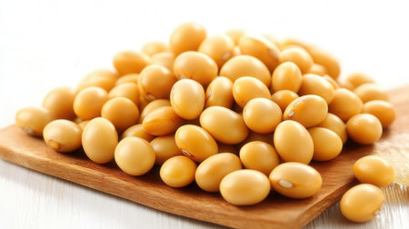 soy beans on white wooden table, close-up, horizontalの素材