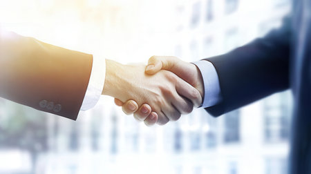 Closeup of business people shaking hands on blurred office background. Teamwork conceptの素材