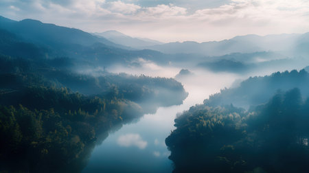 Aerial view of a foggy lake in the Carpathian mountainsの素材