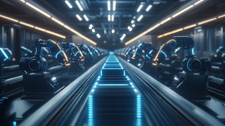3D rendering of robots in a futuristic space station. Futuristic spaceship interiorの素材
