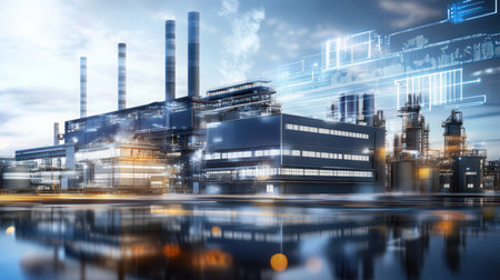 Double exposure of power plant and factory with blue sky and reflection.の素材