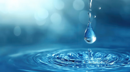 Water drop falling on water surface with blue bokeh background.の素材