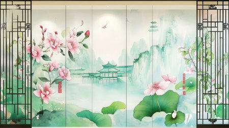 Chinese style window with watercolor painting on the wall,3d renderingの素材
