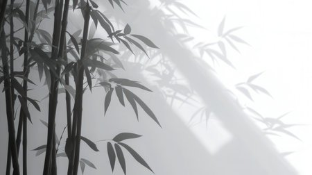 Bamboo leaves on white background with shadow from the window in the morning.の素材