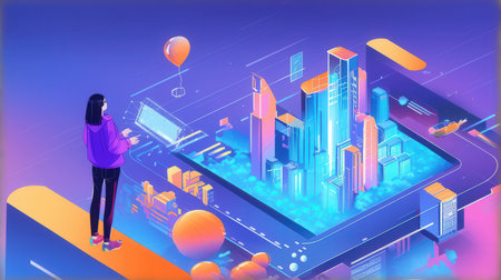 Isometric young woman with smartphone on the background of the modern city. Vector illustrationの素材