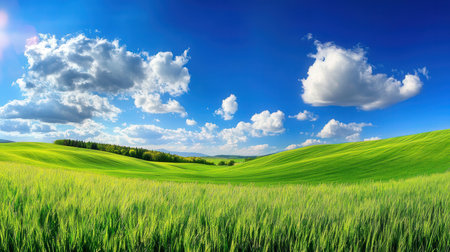 Green field and blue sky with white clouds. Nature background. Landscape.の素材