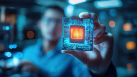 Microprocessor chip in the hands of a man in the background of the room.の素材