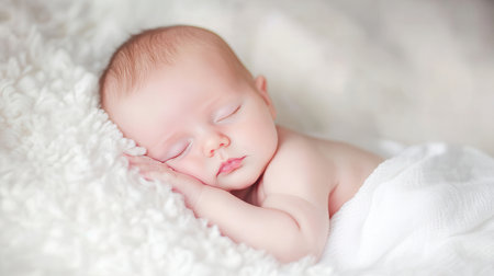 Newborn baby sleeping on a white blanket, soft focus background.の素材