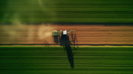 Aerial view of the tractor working on the large green field.の素材