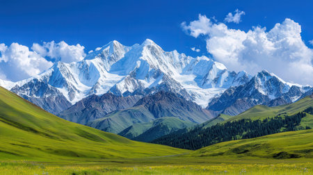 Mountain landscape with green grass and snow-capped peaks.の素材