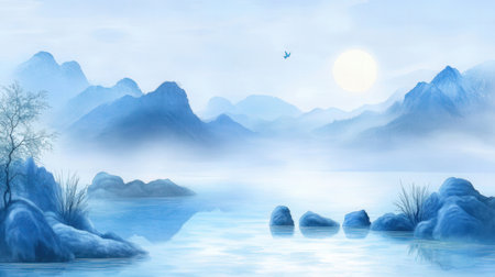 Fantasy landscape with mountains and lake. Digital art painting illustration.の素材