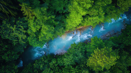 Aerial view of beautiful waterfall in the forest. Nature landscape backgroundの素材