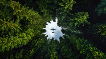 Conceptual image of flying airplane in green forest. 3d renderingの素材