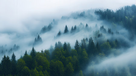 Foggy forest in the mountains. Misty foggy landscape.の素材