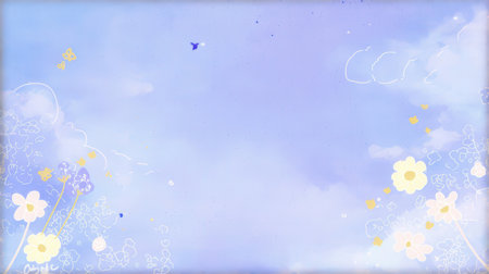 Flowers and butterflies on blue sky background with space for your textの素材
