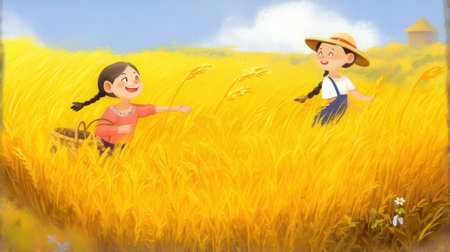 Happy farmer and his daughter in the wheat field. Vector illustration.の素材
