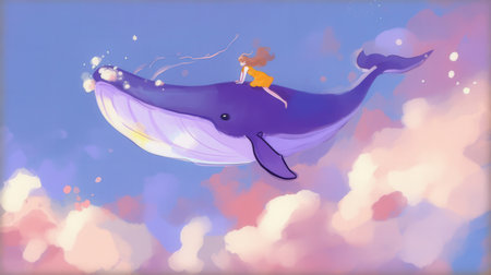 Whale in the sky with clouds. Illustration for children.の素材