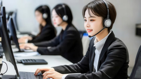 Business people wearing headset working in office to support remote customer or colleague. Call center, telemarketing, customer support agent provide service on telephone video conference call.の素材