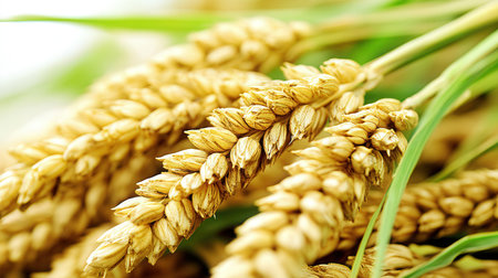 Ears of wheat on a background of green grass close-upの素材