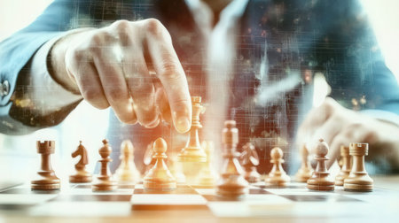 Businessman playing chess game. Business strategy and leadership concept. Double exposureの素材