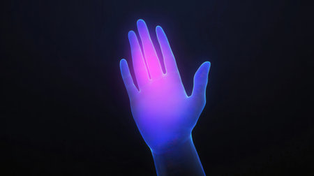 Glowing neon human hands on dark background. 3D Renderingの素材