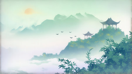 Landscape of mountains and pagoda in the mist, vector illustrationの素材