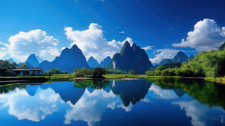Li River scenery and karst mountains landscape in Guilin, Chinaの素材
