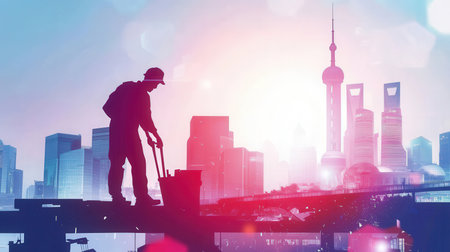 Silhouette of a construction worker on the background of the cityの素材