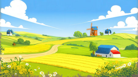 Rural landscape with windmill and farm house, vector illustration.の素材