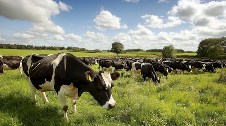 Cows grazing in a meadow in the yorkshire woldsの素材